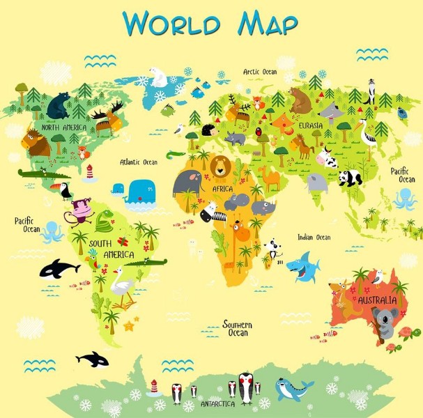 Фотообои печать Детская карта мира на желтом фоне
